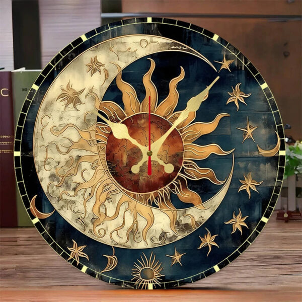 Orologio da Parete Design in Legno con Motivo Sole e Luna | Elegante Decorazione Silenziosa per Soggiorno e Ufficio
