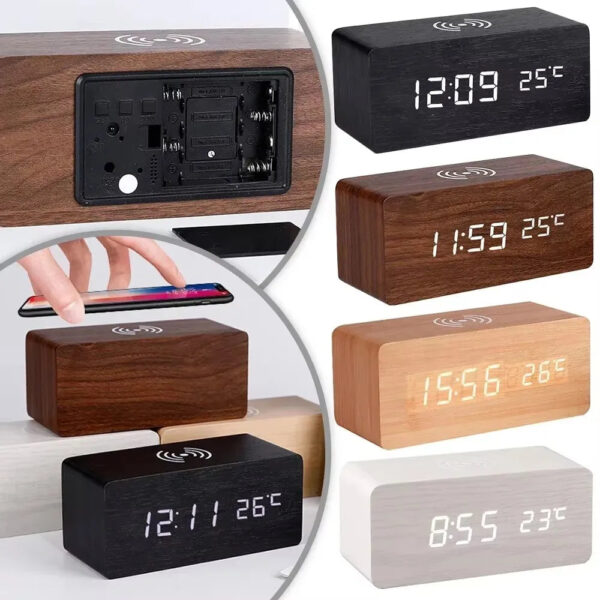 Orologio LED in Legno | Sveglia Digitale con Caricatore Wireless Qi | Display Temperatura e Umidità per il Massimo Comfort